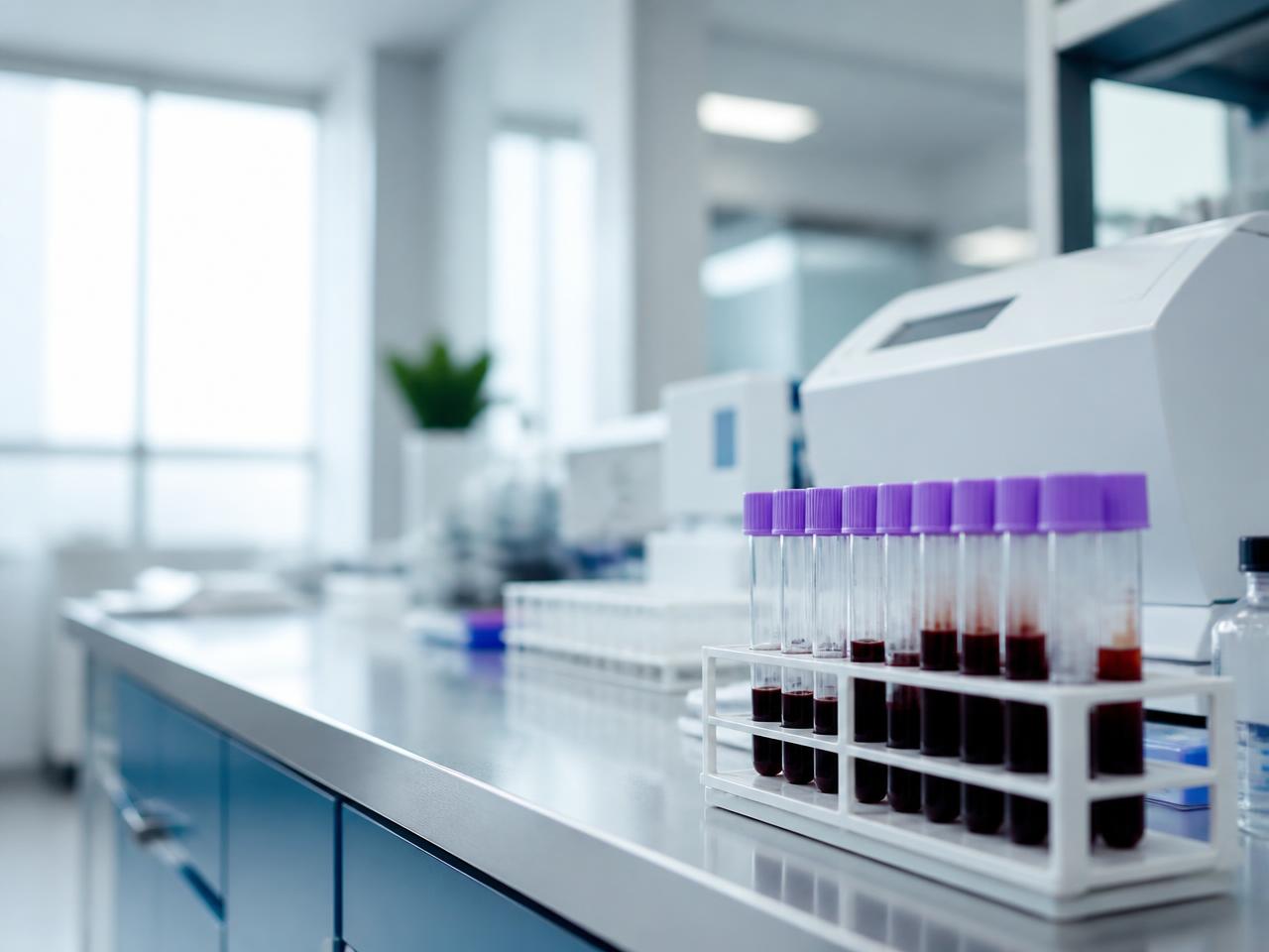 Paillasse d'un laboratoire d'analyses médicales avec tubes de prélèvement